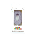 Silver number zero glitter candle for birthday celebration from Parte Haus party supply store in Bethesda MD