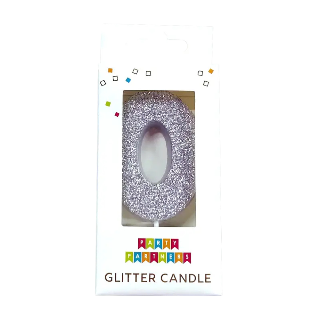 Silver number zero glitter candle for birthday celebration from Parte Haus party supply store in Bethesda MD