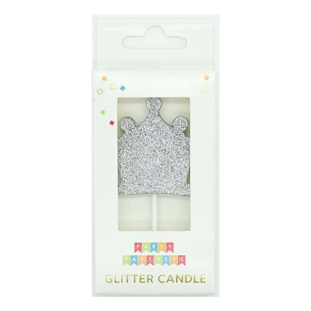 Silver crown glitter candle for birthday princess theme from Parte Haus party supply store in Bethesda MD
