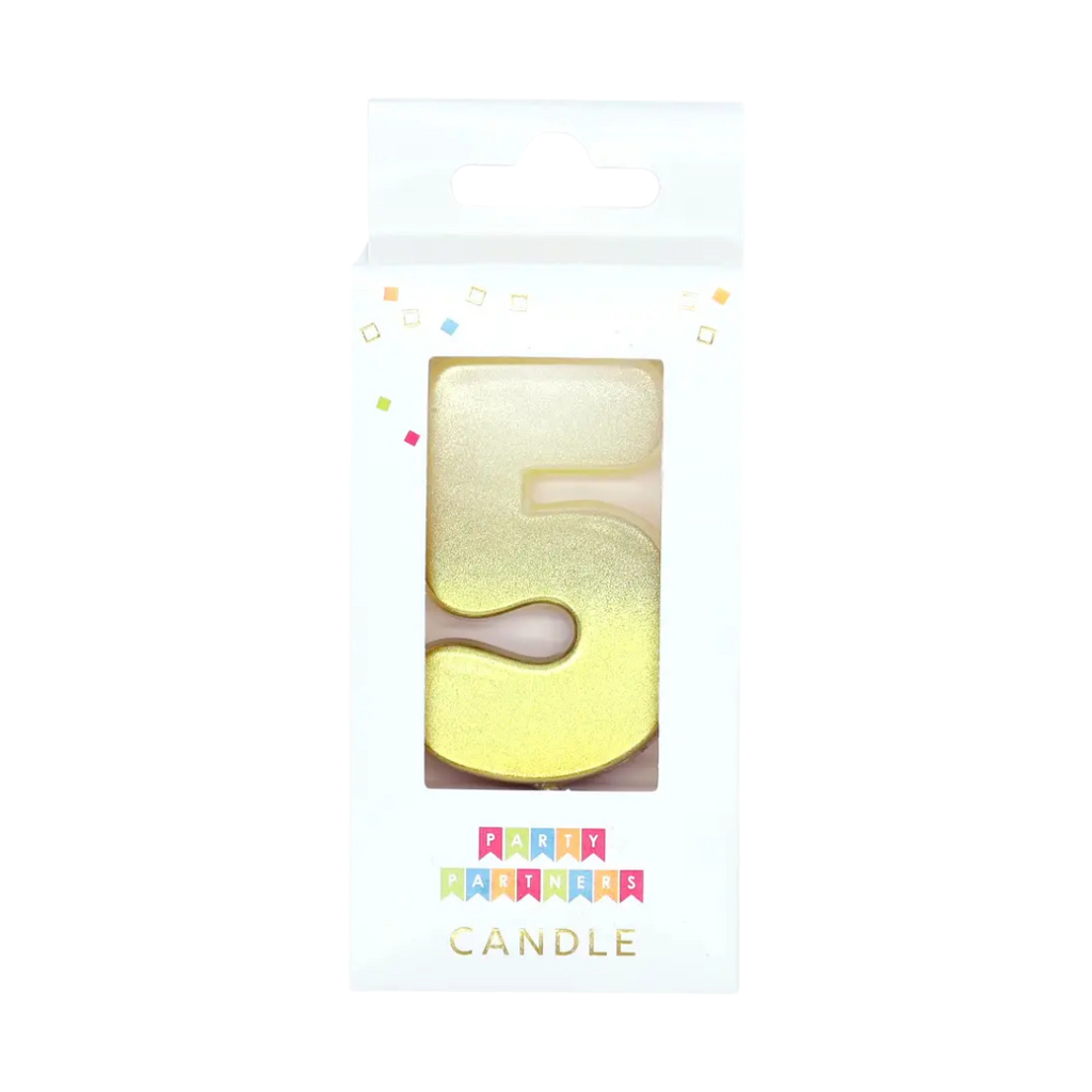 Gold number 5 candle in clear box for birthday celebrations from Parte Haus party supply store in Bethesda MD.