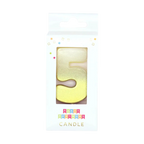 Gold number 5 candle in clear box for birthday celebrations from Parte Haus party supply store in Bethesda MD.