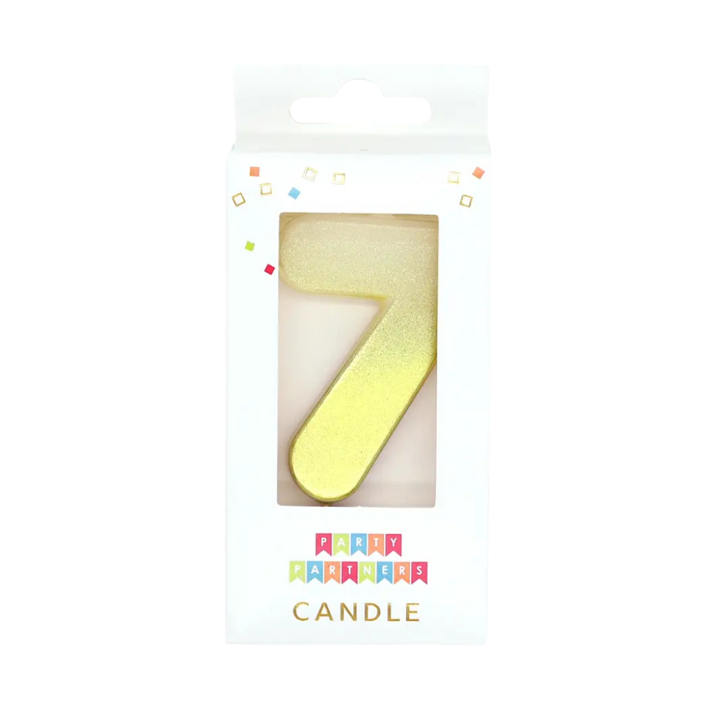 Gold number 7 candle in display box birthday celebration from Parte Haus party supply store in Bethesda MD