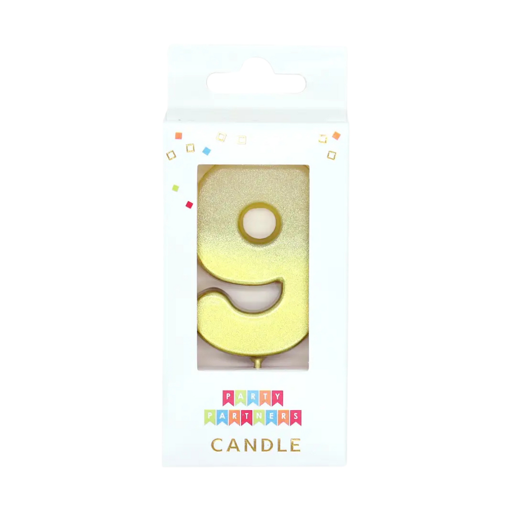 Gold number nine candle in gift packaging for birthday from Parte Haus party supply store in Bethesda MD