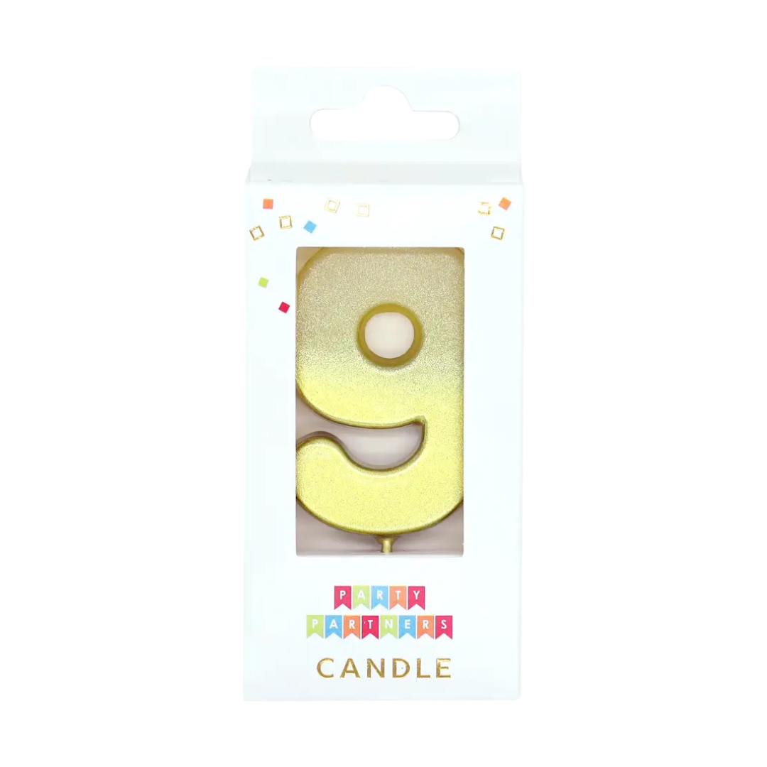 Gold number nine candle in gift packaging for birthday from Parte Haus party supply store in Bethesda MD