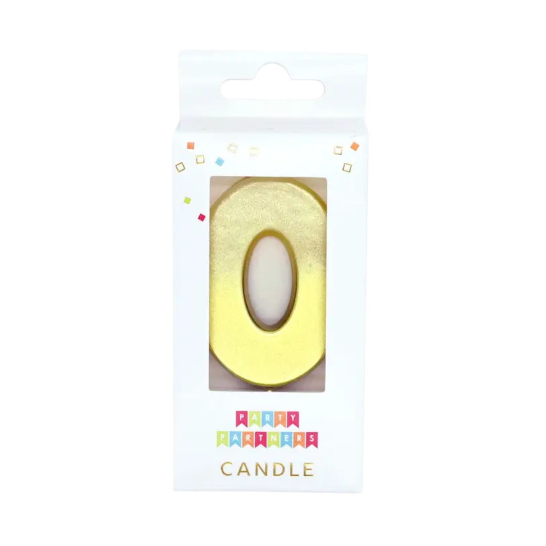 Gold number zero candle in box birthday decor from Parte Haus party supply store in Bethesda Maryland