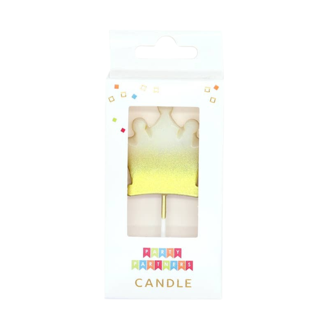 Gold crown candle in retail box birthday from Parte Haus party supply store in Bethesda Maryland