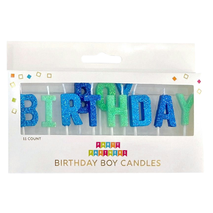 Blue and green glitter birthday candles birthday boy theme from Parte Haus party supply store in Bethesda MD