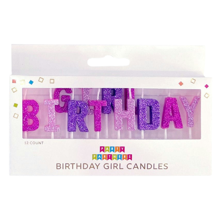 Pink and purple birthday girl candles glitter letters for birthdays from Parte Haus party supply store in Bethesda Maryland