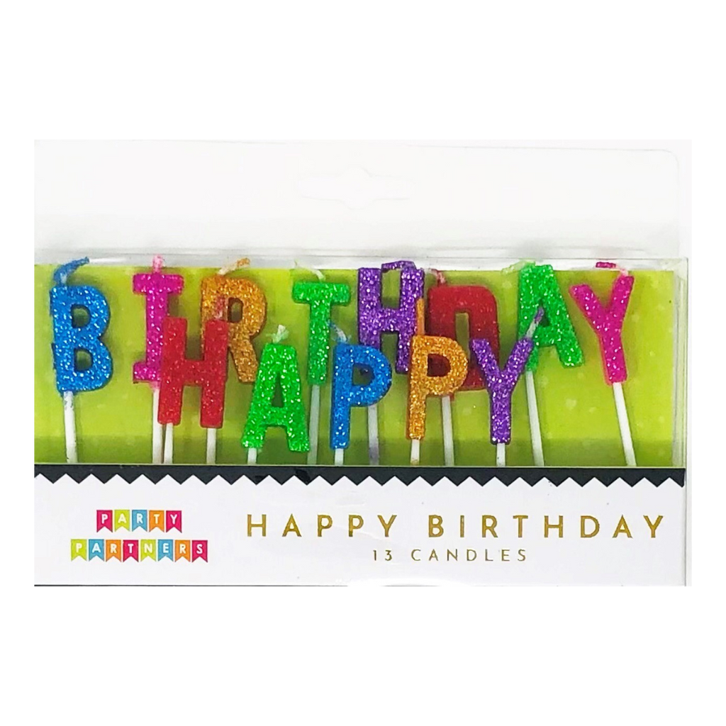 Rainbow glitter happy birthday letter candles for birthday from Parte Haus party supply store in Bethesda Maryland