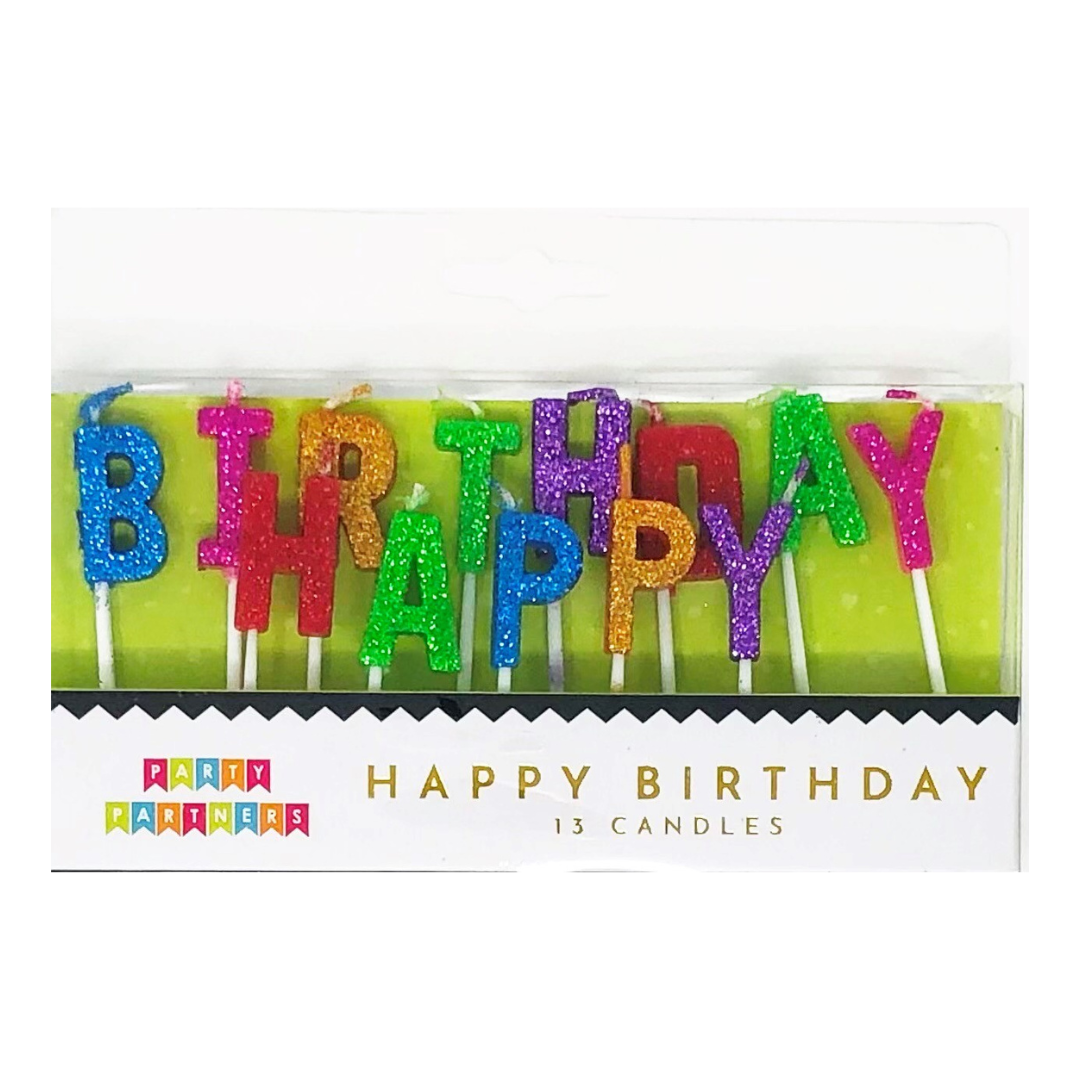 Rainbow glitter happy birthday letter candles for birthday from Parte Haus party supply store in Bethesda Maryland