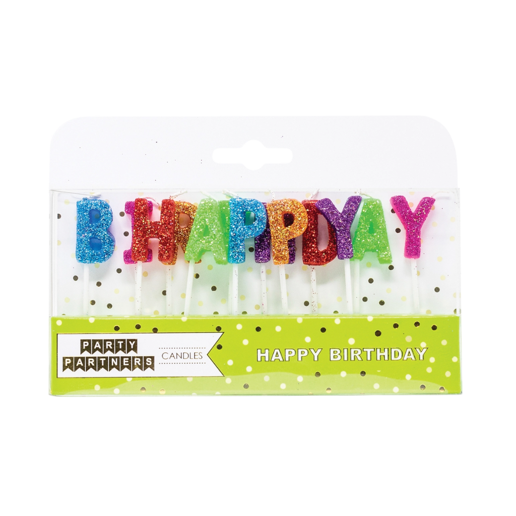 Multicolor glitter birthday candles spelling B HAPPY YAY for birthday theme from Parte Haus party supply store in Bethesda MD