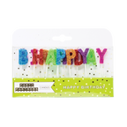 Multicolor glitter birthday candles spelling B HAPPY YAY for birthday theme from Parte Haus party supply store in Bethesda MD