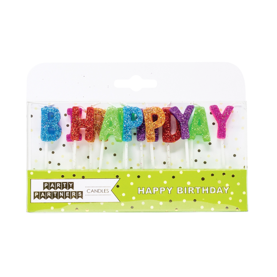 Multicolor glitter birthday candles spelling B HAPPY YAY for birthday theme from Parte Haus party supply store in Bethesda MD