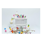 White birthday cake with colorful happy birthday candles and cupcakes for birthday from Parte Haus party supply store in Bethesda Maryland