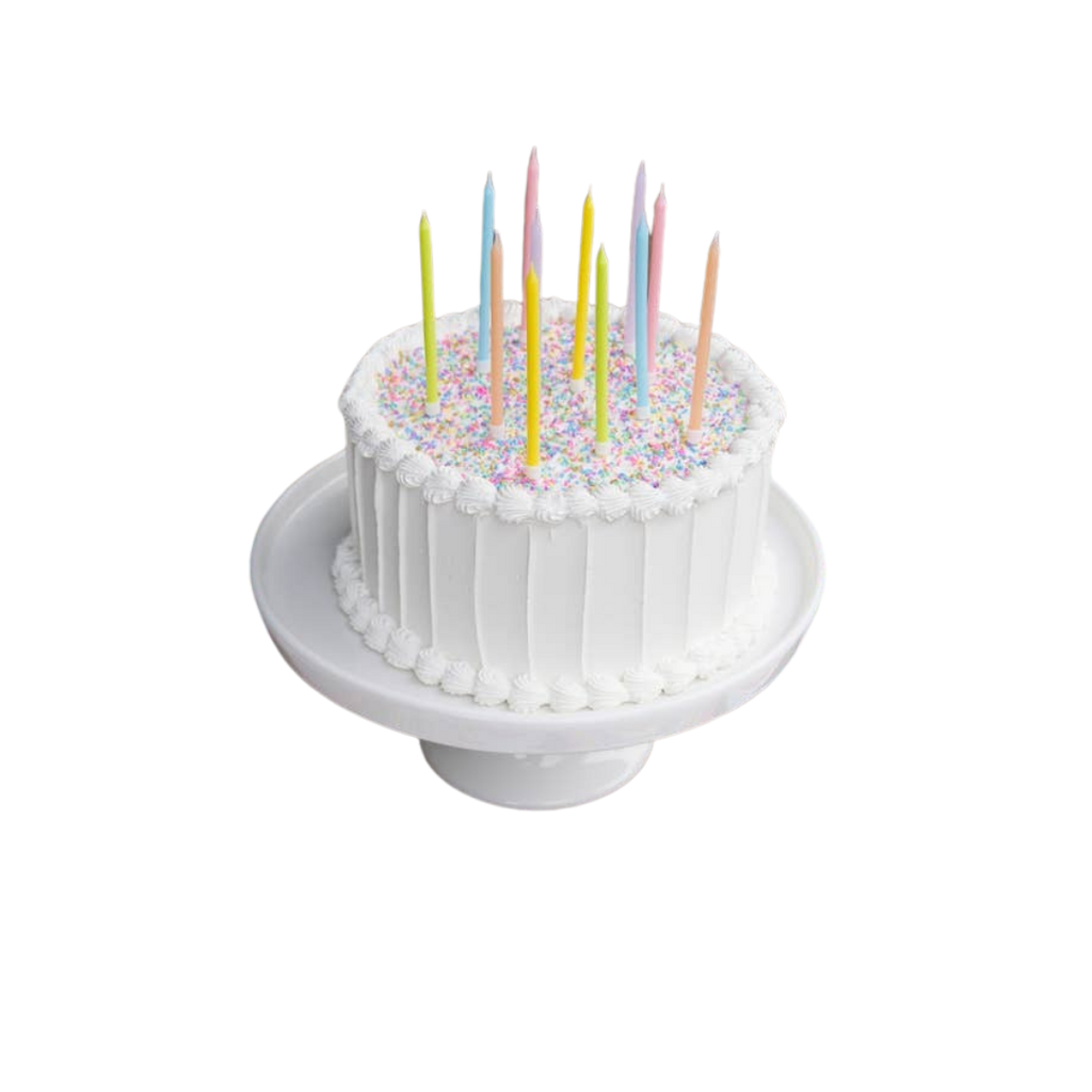 Multicolor birthday candles on white frosted cake with sprinkles for birthday from Parte Haus party supply store in Bethesda MD.