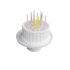 Multicolor birthday candles on white frosted cake with sprinkles for birthday from Parte Haus party supply store in Bethesda MD.