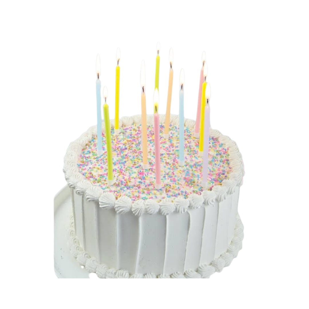 Pastel birthday candles on white frosted cake with rainbow sprinkles birthday theme from Parte Haus party supply store in Bethesda Maryland