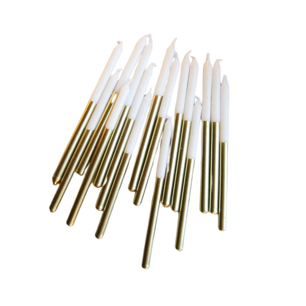 Gold and white cake candles elegant birthday decor from Parte Haus party supply store in Bethesda MD