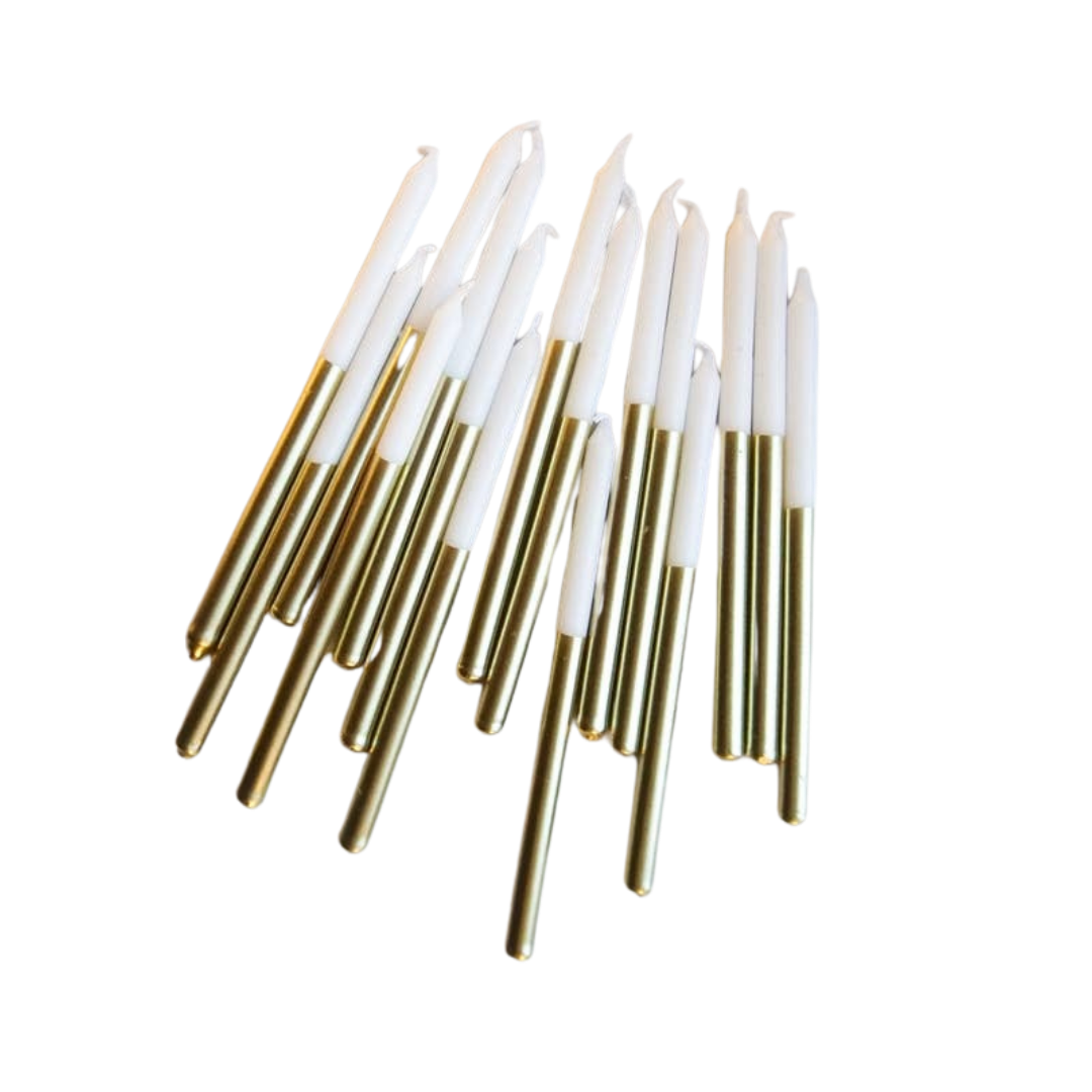 Gold and white cake candles elegant birthday decor from Parte Haus party supply store in Bethesda MD