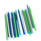 Blue green and white striped birthday candles with gold dots for birthday from Parte Haus party supply store in Bethesda Maryland