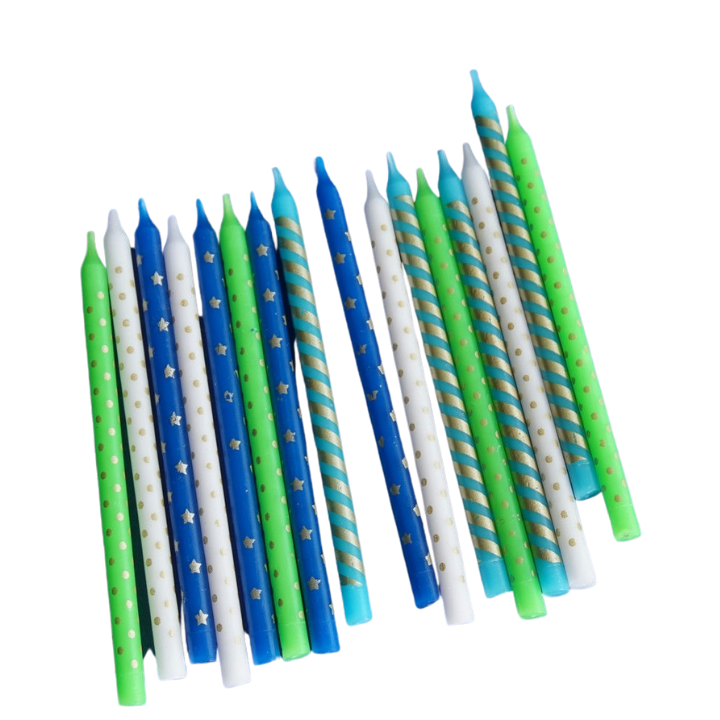Blue green and white striped birthday candles with gold dots for birthday from Parte Haus party supply store in Bethesda Maryland