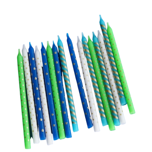 Blue green and white striped birthday candles with gold dots for birthday from Parte Haus party supply store in Bethesda Maryland