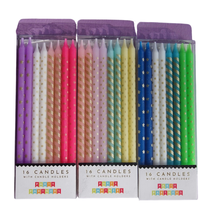 Colorful striped and polka dot birthday candles for celebrations from Parte Haus party supply store in Bethesda MD