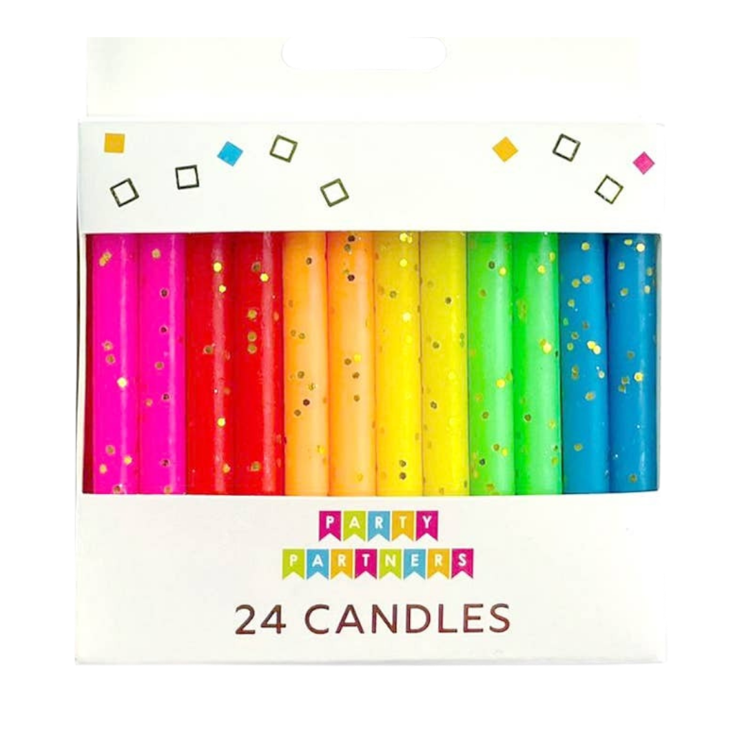 Rainbow glitter birthday candles assorted pack for celebration from Parte Haus party supply store in Bethesda Maryland