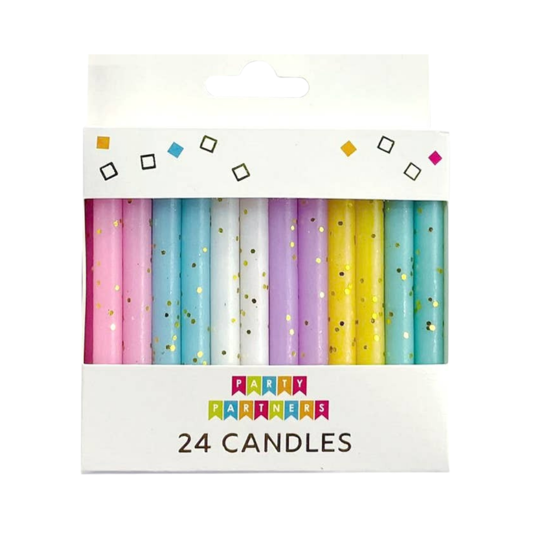 Pastel multicolor candles with gold dots for birthdays from Parte Haus party supply store in Bethesda Maryland