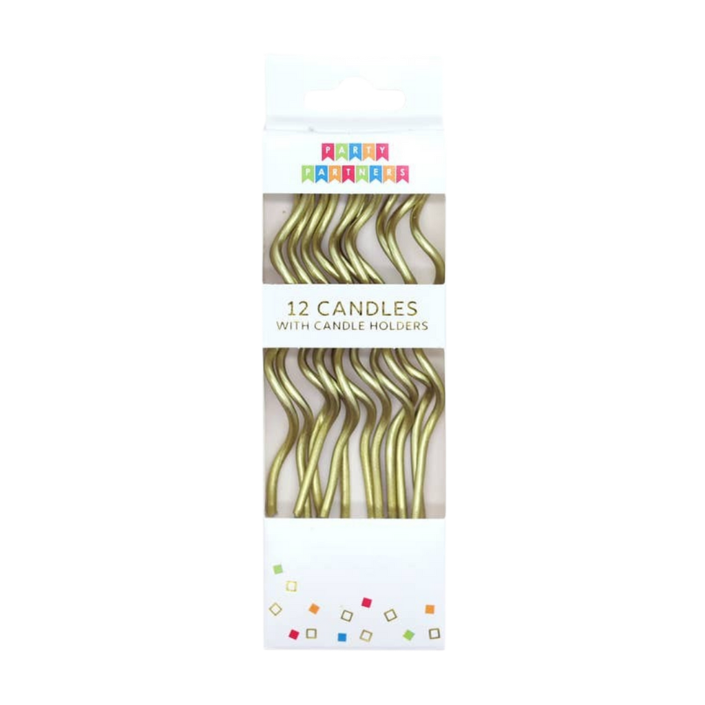 Gold swirl birthday candles in a clear box celebration from Parte Haus party supply store in Bethesda Maryland