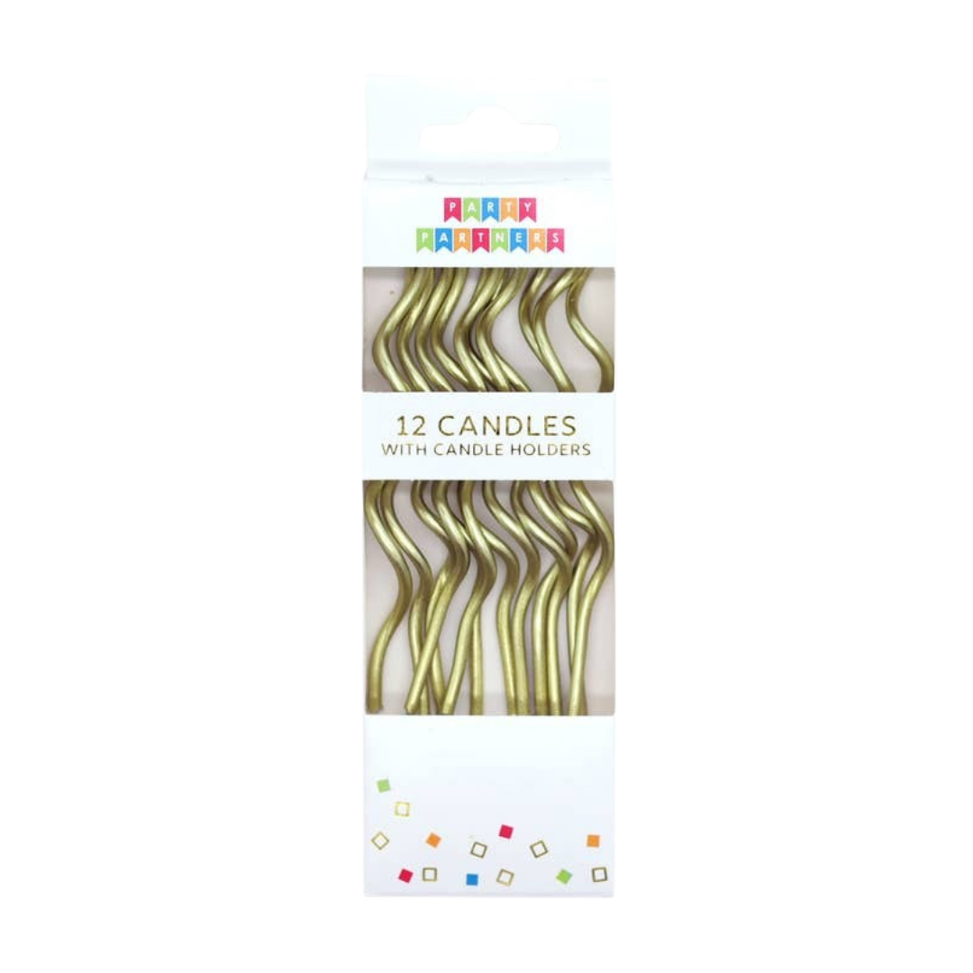 Gold swirl birthday candles in a clear box celebration from Parte Haus party supply store in Bethesda Maryland