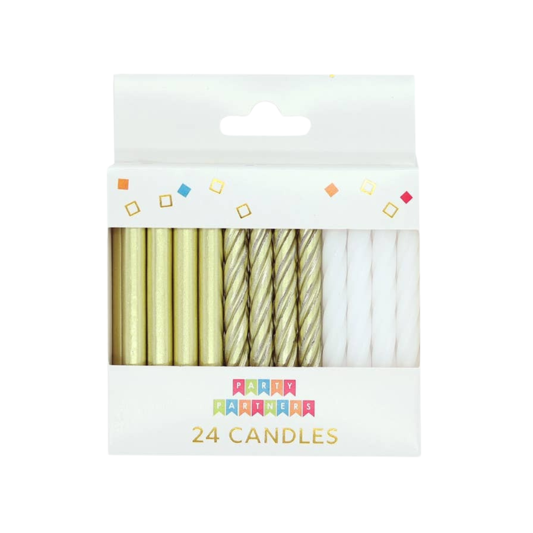 Gold and white birthday candles in a box from Parte Haus party supply store in Bethesda Maryland