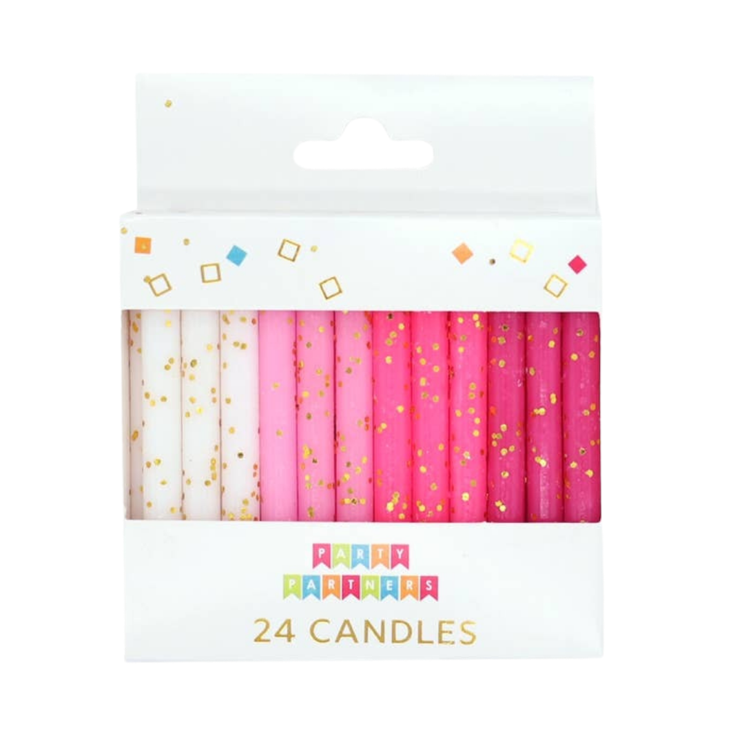 Pink and white birthday candles with gold glitter in a box celebration from Parte Haus party supply store in Bethesda Maryland