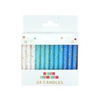 Blue and white birthday candles with gold dots in a box for birthday from Parte Haus party supply store in Bethesda MD
