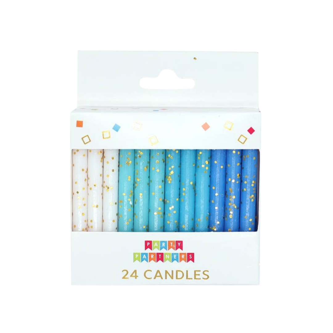 Blue and white birthday candles with gold dots in a box for birthday from Parte Haus party supply store in Bethesda MD