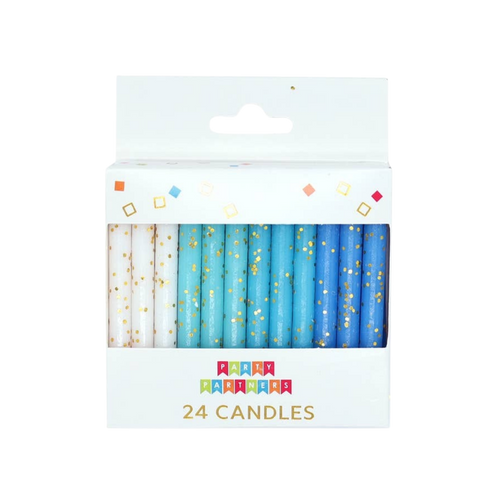 Blue and white birthday candles with gold dots in a box for birthday from Parte Haus party supply store in Bethesda MD
