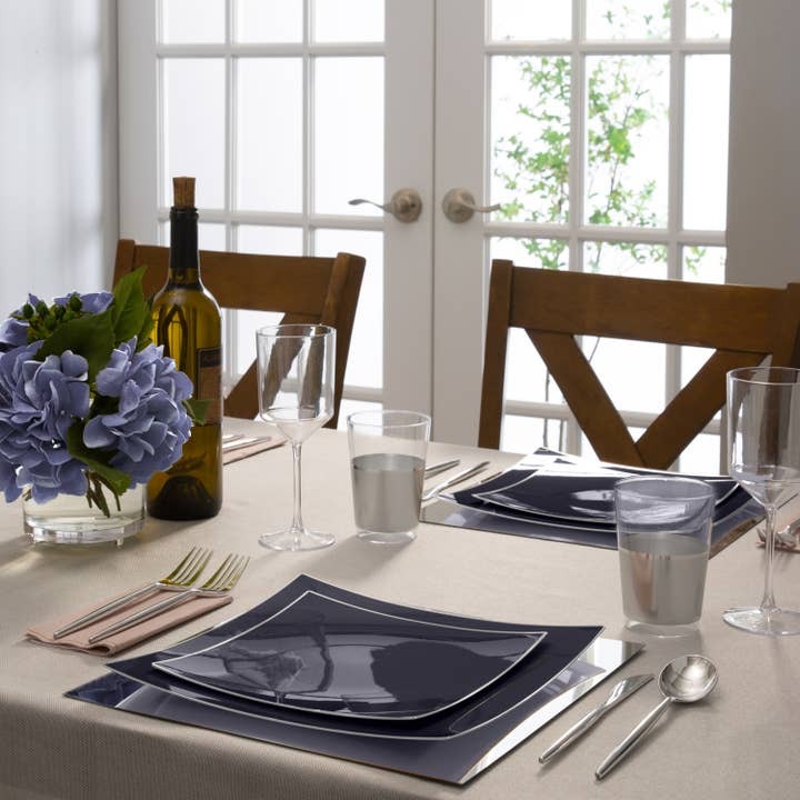 Navy blue square dinner plates elegant tableware for dinner gatherings from Parte Haus party supply store in Bethesda MD