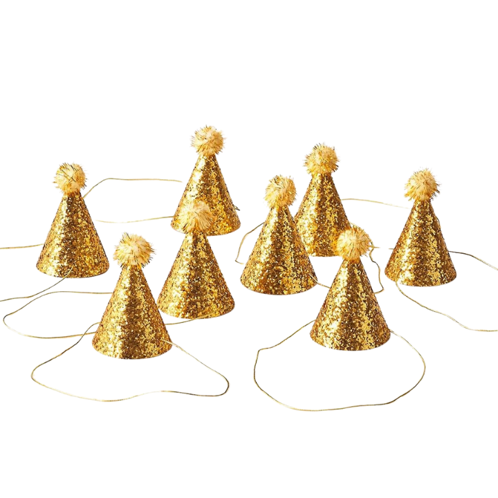 Gold glitter cone hats with pom poms for birthday celebration from Parte Haus party supply store in Bethesda MD