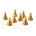 Gold glitter cone hats with pom poms for birthday celebration from Parte Haus party supply store in Bethesda MD