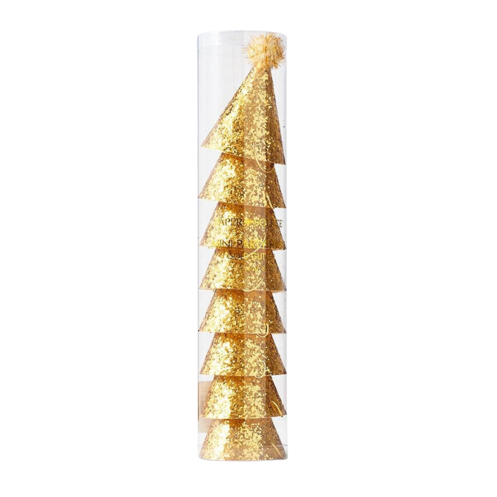 Gold glitter mini party hats in a clear tube for birthday celebration from Parte Haus party supply store in Bethesda MD