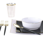 Gold and black dinnerware set with plates bowl cutlery and cup elegant occasion from Parte Haus party supply store in Bethesda MD