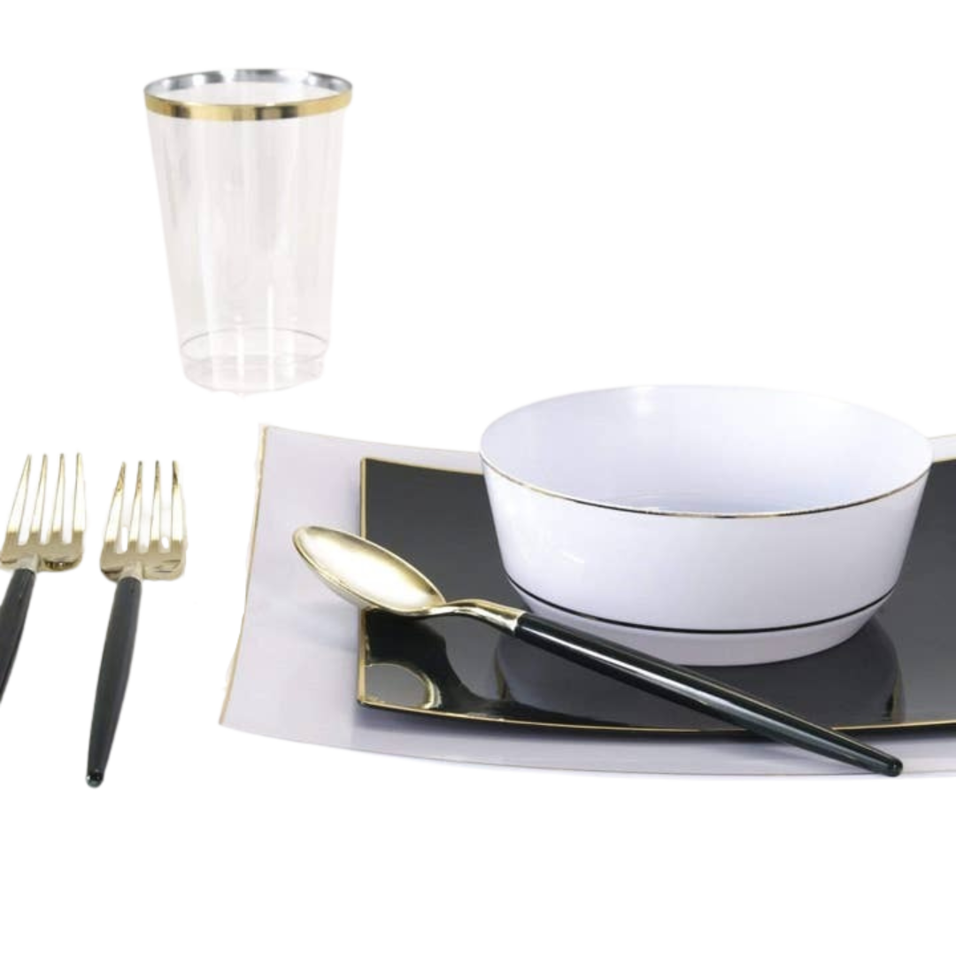 Gold and black dinnerware set with plates bowl cutlery and cup elegant occasion from Parte Haus party supply store in Bethesda MD