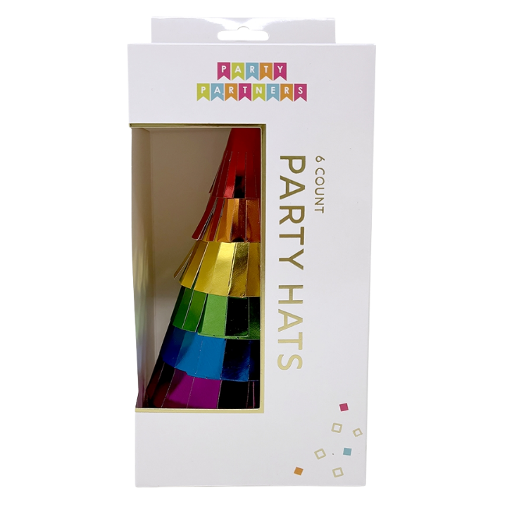 Rainbow metallic cone hats boxed birthday celebration from Parte Haus party supply store in Bethesda MD