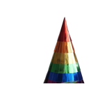 Rainbow metallic cone hat festive birthday celebration from Parte Haus party supply store in Bethesda MD.