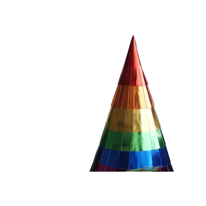 Rainbow metallic cone hat festive birthday celebration from Parte Haus party supply store in Bethesda MD.