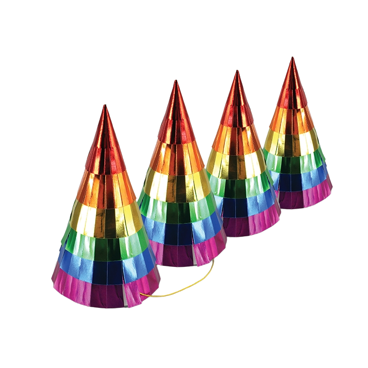 Rainbow cone hats shiny striped birthday from Parte Haus party supply store in Bethesda Maryland