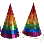 Rainbow striped cone party hats shiny paper for birthday celebration from Parte Haus party supply store in Bethesda MD.