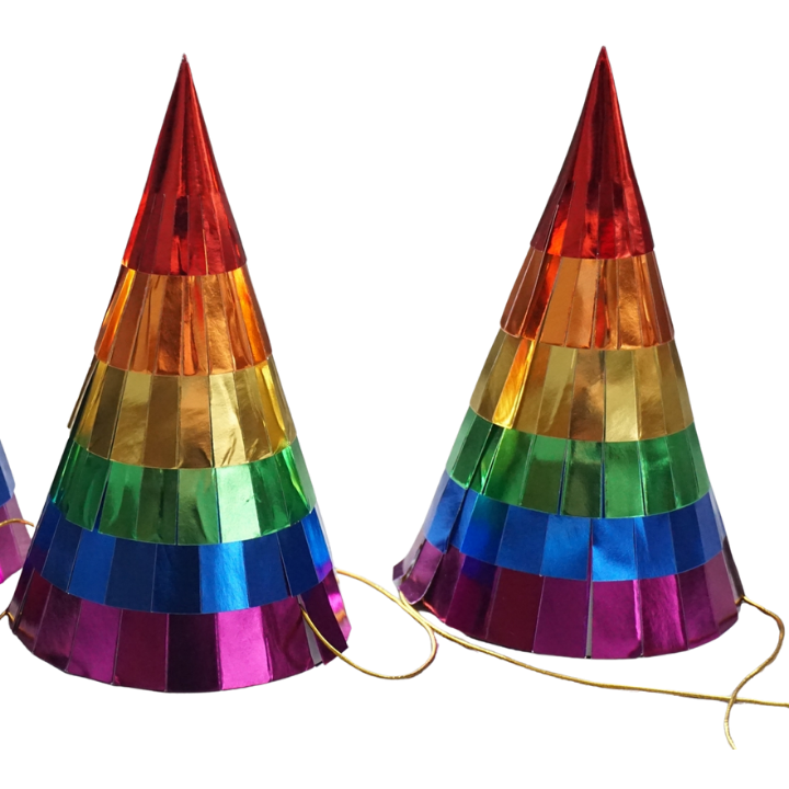 Rainbow striped cone party hats shiny paper for birthday celebration from Parte Haus party supply store in Bethesda MD.