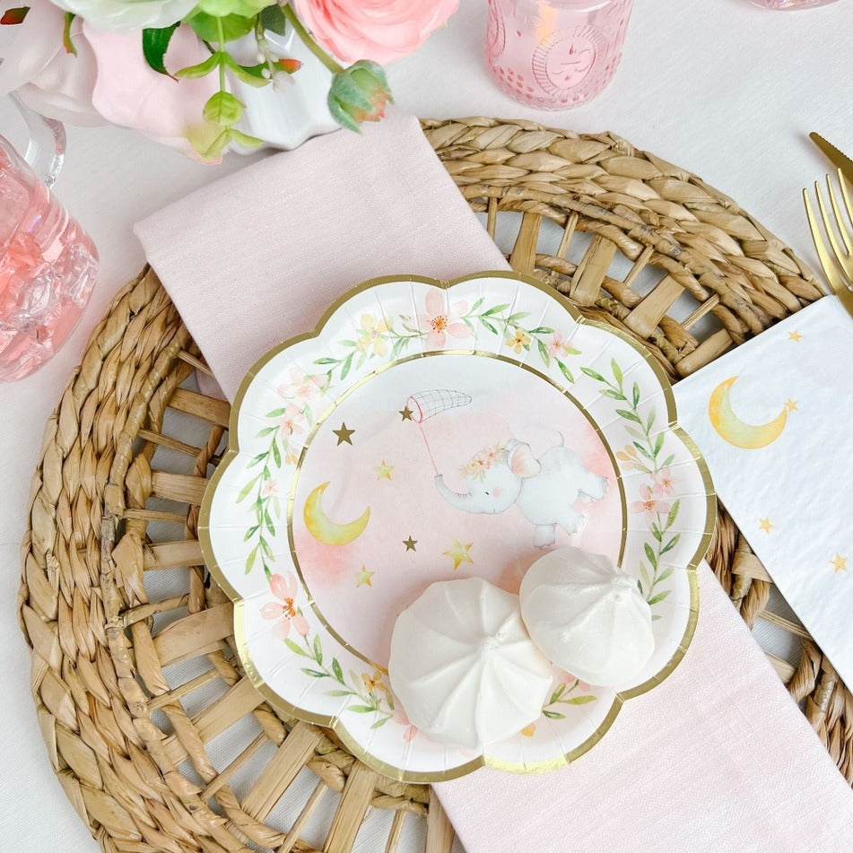 Pink and gold elephant paper plate with moon and stars for baby shower from Parte Haus party supply store in Bethesda Maryland