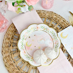 Pink and gold elephant paper plate with moon and stars for baby shower from Parte Haus party supply store in Bethesda Maryland